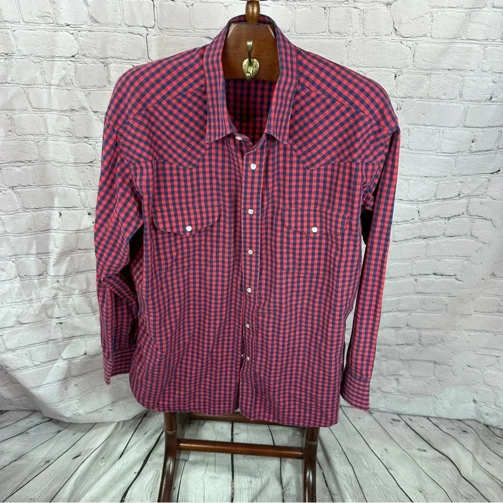 panhandle slim western pearl snap shirt size XL 17.5 red navy plaid